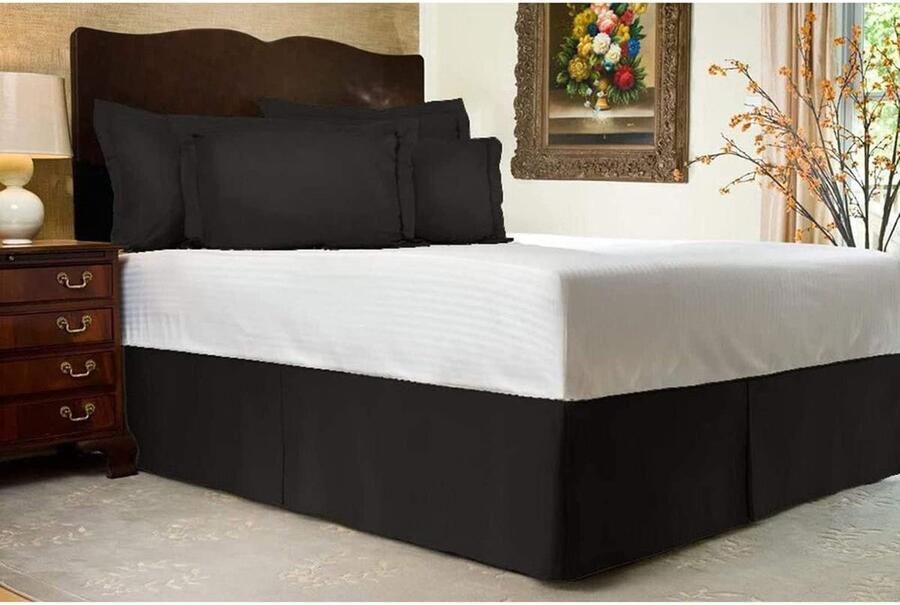 Senza Marchio ARBOVE Bedrok van polyester-katoen in hotelkwaliteit lattenbodem met strikken effen onderhoudsvriendelijk kreukvrij (zwart dubbel)