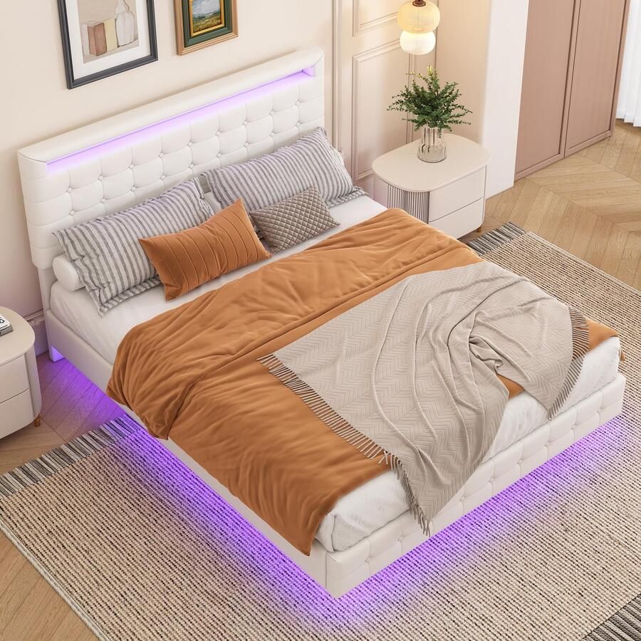 Senza Marchio Arhatreya Flatbed 140 x 200 cm tweepersoonsbed met led-omgevingslicht in hoogte verstelbaar hoofdeinde tienerbed bedframe met lattenbodem logeerbed voor slaapkamer (zonder matras) PU wit