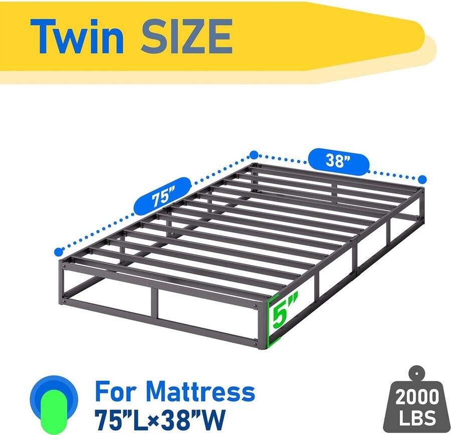 Senza Marchio Askeld Twin Bed Boxspring 13 2 cm hoog laag profiel metalen bedframe met ronde hoek ontwerp Heavy Duty stalen latten ondersteuning matras foundation geluidsvrije platformbasis maximaal gewicht