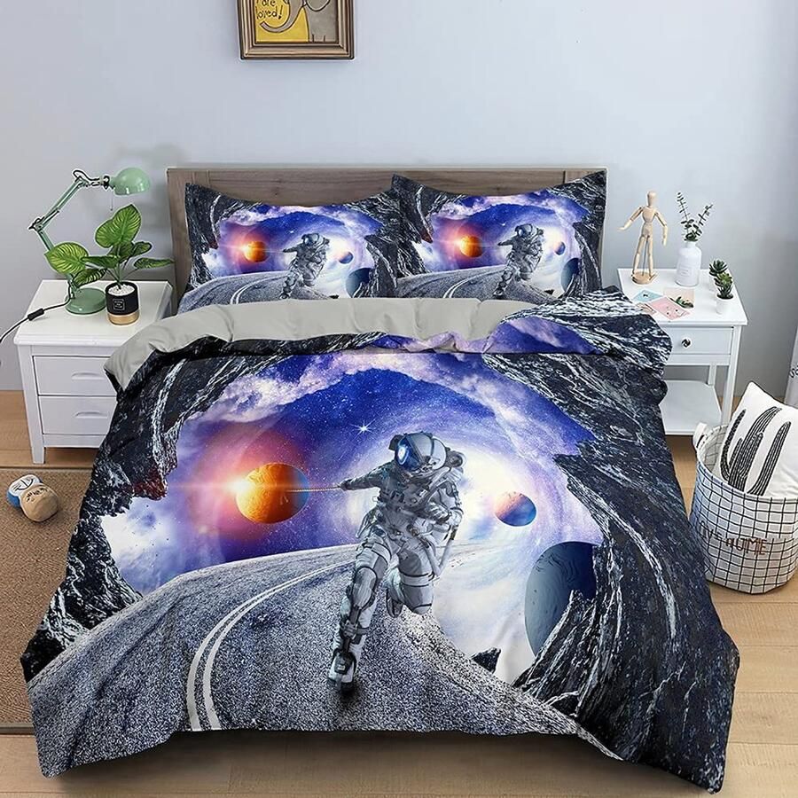 Senza Marchio Astronaut Bedding Set 3d Outer Space Duvet Cover Set Full Queen King Size Blue Galaxy Bed Set Cover For Teens Bedroom 220×240CM
