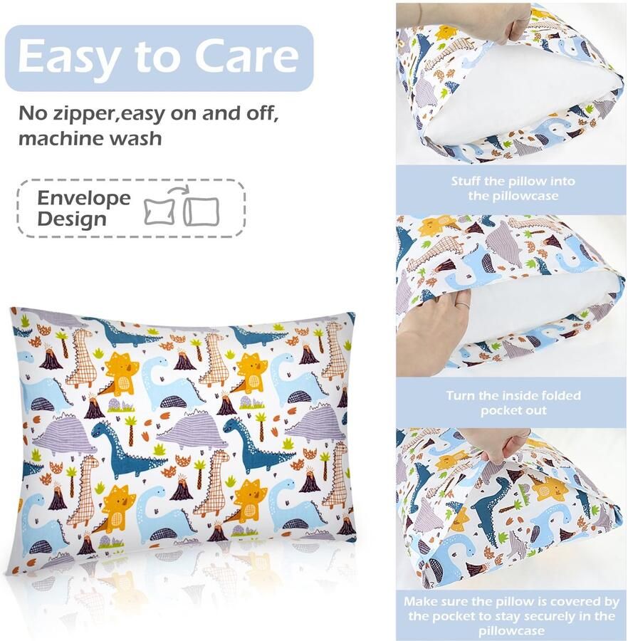 Senza Marchio Baby Peuter Kussensloop 2 Pack 100% Katoen Kussenhoes Kinderbed Kussen Paar Gevallen 40x60cm Geschenken voor Kinderdag Dinosaurus Bouwvoertuigen