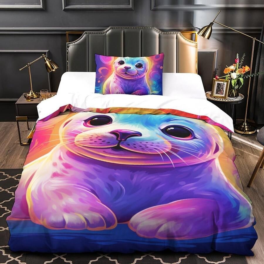 Senza Marchio Baby Seal 3D Printed Duvet Cover Set 2 Pieces Bedroom Bed Bedding Set Soft Easy Care with Zipper Closure，Pillowcases for Teens And Adults Single（135x200cm）