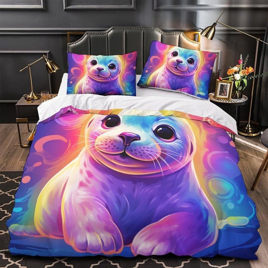 Senza Marchio Baby Seal 3D Printed Quilt Cover Set 3 Pieces Bed Duvet Set Soft Microfiber with Zipper Closure，Pillowcases for Teens And Adults Super King（260x220cm）