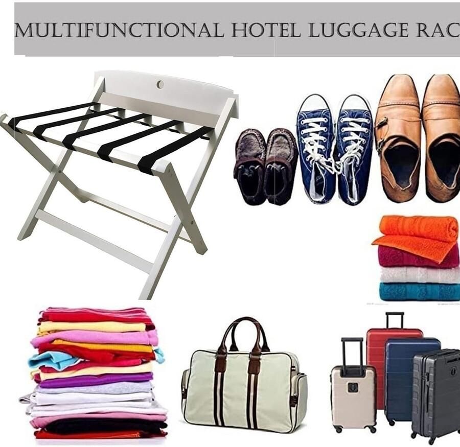 Senza Marchio Bagagerek Kofferstandaard Houten opvouwbare bagagerek Witte dubbele laag bagagerek massief houten hotelsuite kofferrek opvouwbaar schoenenrek met nylon banden bagageopslagrek voor