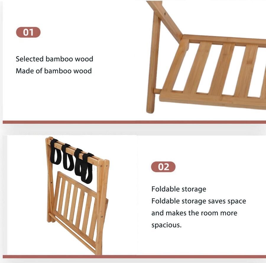 Senza Marchio Bagagerek voor Logeerkamer Volledig Gemonteerde Opvouwbare Kofferstandaard met Opbergplank en 4 Riemen Zware Houten Bagagehouder voor Slaapkamer Hotel Tassen en Schoenen