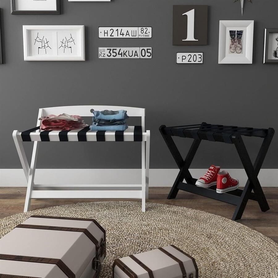 Senza Marchio Bagagerek voor op reis 2-pack Bagagerek Draagbaar Opvouwbaar Opbergrek Met Rugleuning Kofferstandaard Voor Hotel Reistas kofferstandaard(Black)