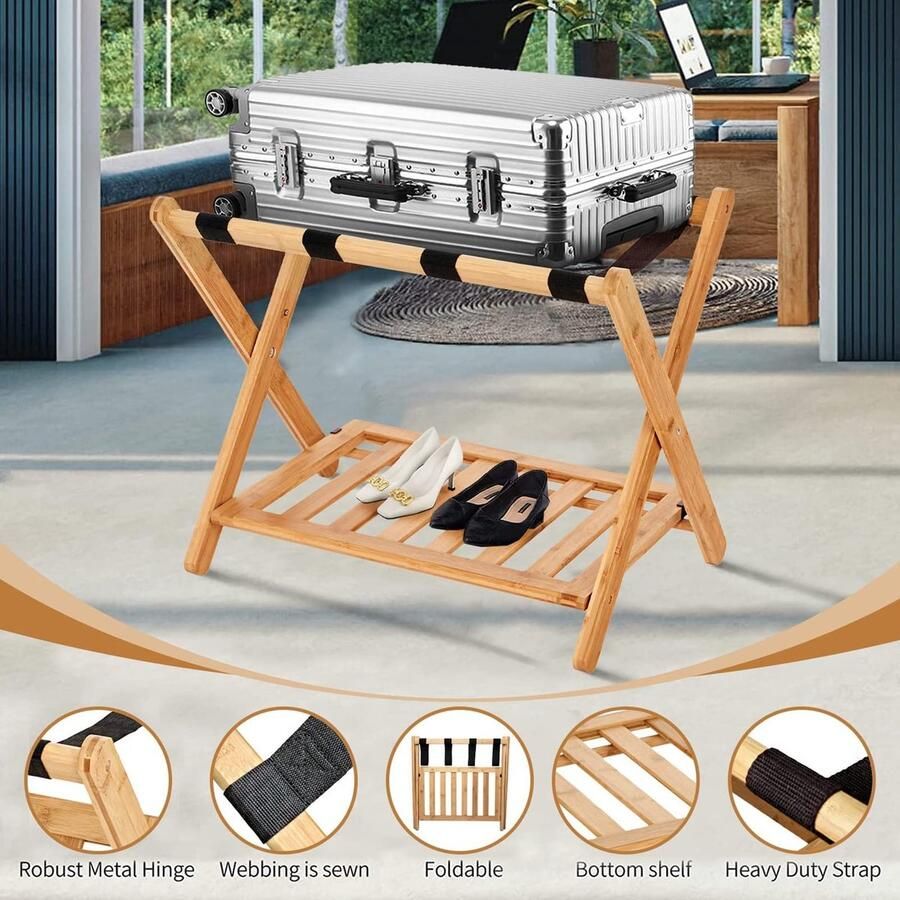 Senza Marchio Bamboe Opvouwbare Bagagerek Kofferstandaard Kofferhouder Hotel Slaapkamer Accessoire 2 Tier Thuis Kofferstandaard Met Schoenenplank Draagbare Rugzak Bagagehouder Opslag Organiz