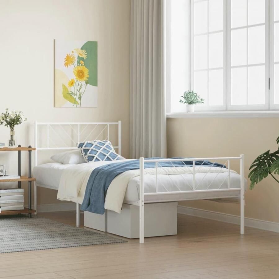 Senza Marchio BaraSh Metalen bedframe met hoofdeinde en voetenplank wit 107 x 203 cm metalen tweepersoonsbedframe met hoofdeinde opbergruimte voor onderbed voor volwassenen tieners eenvoudige montage