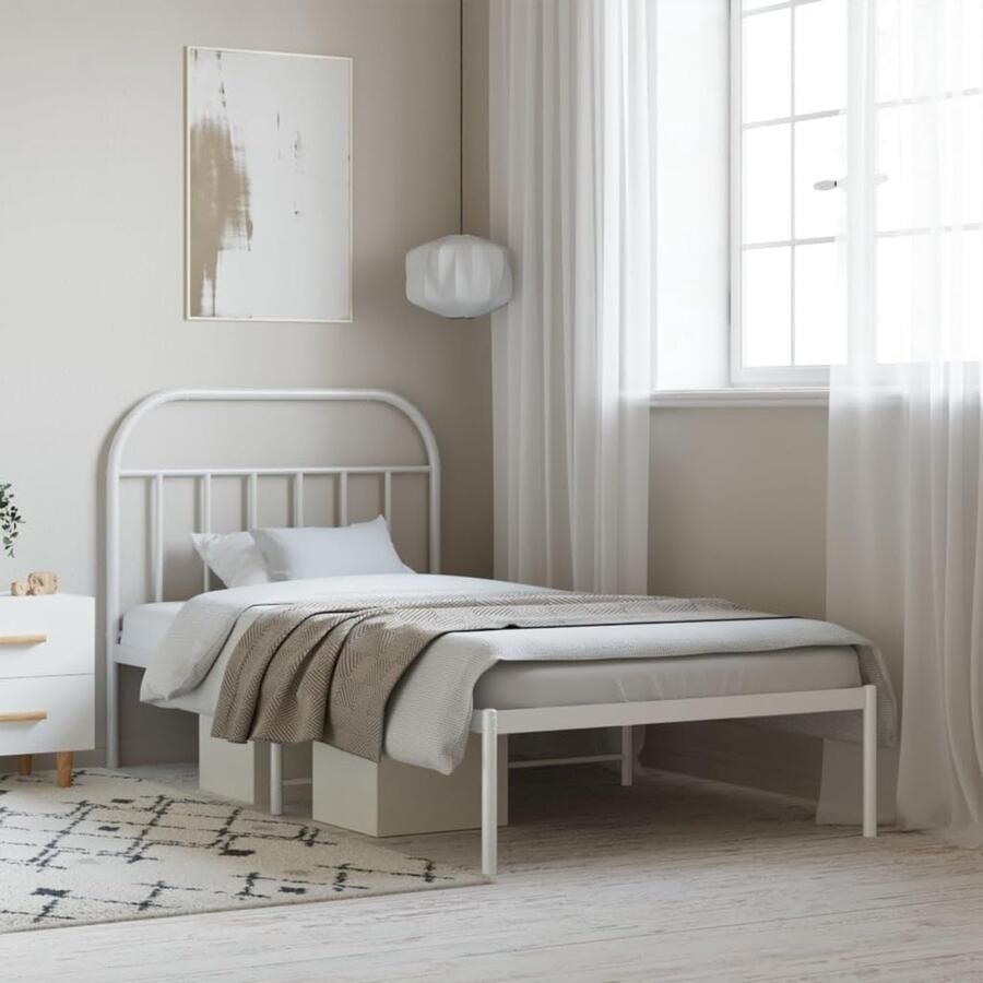 Senza Marchio BaraSh Metalen bedframe met hoofdeinde wit 107 x 203 cm metalen tweepersoonsbedframe met hoofdeinde opbergruimte onder bed voor volwassenen tieners eenvoudige montage