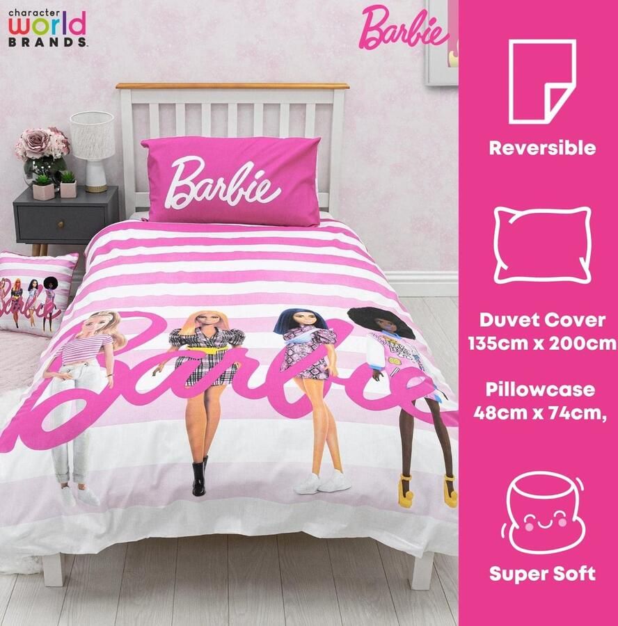 Senza Marchio Barbie Officiële Eenpersoons Childs Dekbedovertrek Set |Sweet Design Omkeerbaar 2-zijdig beddengoed inclusief bijpassende kussensloop Character World Merken Eenpersoonsbed Set Polycotton