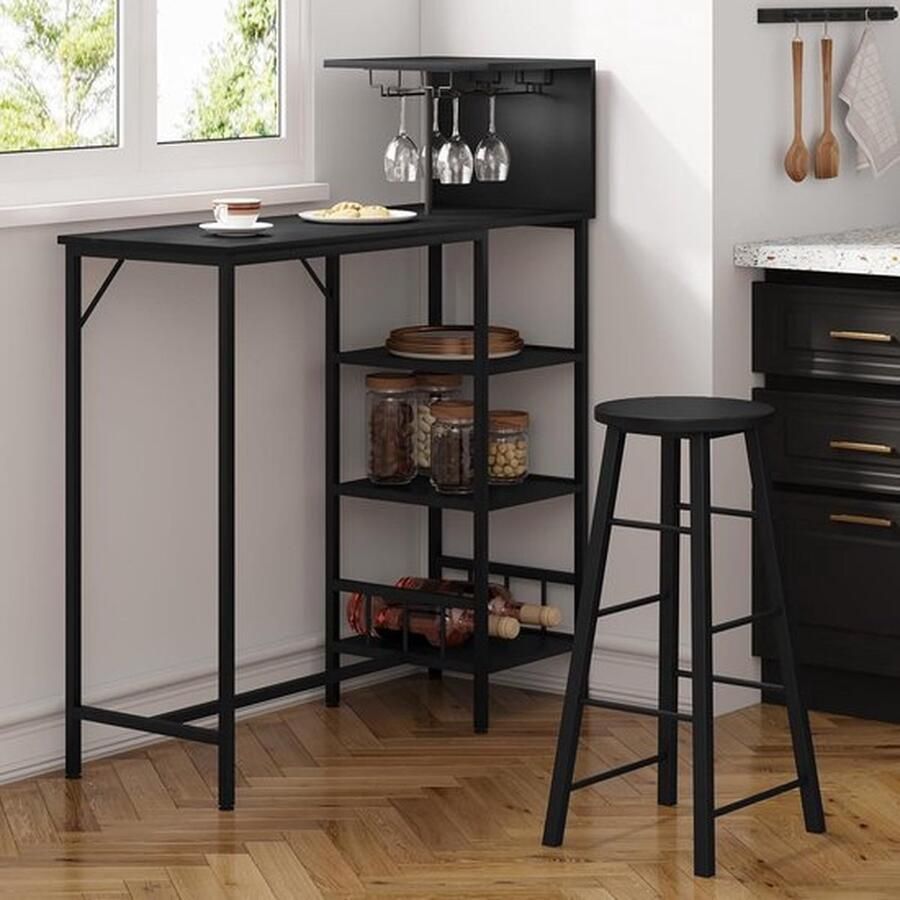Senza Marchio Bartafel statafel met wijnrek glashouder keukentafel met 4 planken bistrotafel eettafel keukeneiland met werkblad hoge tafel voor bar toonbank zwart