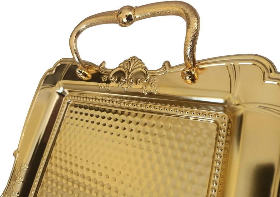 Senza Marchio BAYKUL Turkse Ottomaanse Koffie Thee Drank Goud Serveren Vierkante Lade Luxe Metaal Chrom Marokkaanse Decoratieve Ontbijt Eettafel Ottomaanse Trays Extra Grote (Goud)