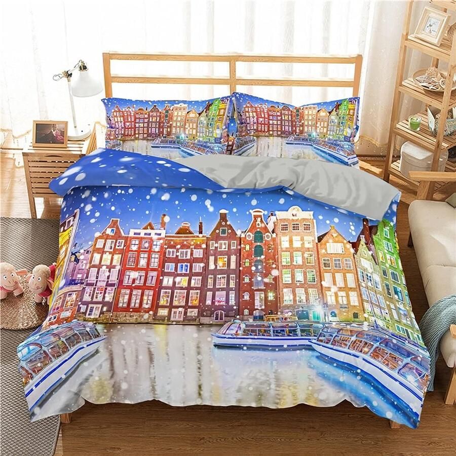 Senza Marchio Beautiful Scenery Bedding Set Eiffel Tower Print Bed Snow Scene Duvet Cover With Pillowcase 3pcs Home Decor Bedclothes 200×200CM D