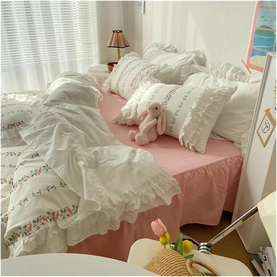 Senza Marchio Bed four pieces set V-intage ruffle lace bedding set queen size bedroom set sheet printed duvet cover bed sheets and pillowcases Princess bed linen(Flower King 4pcs)