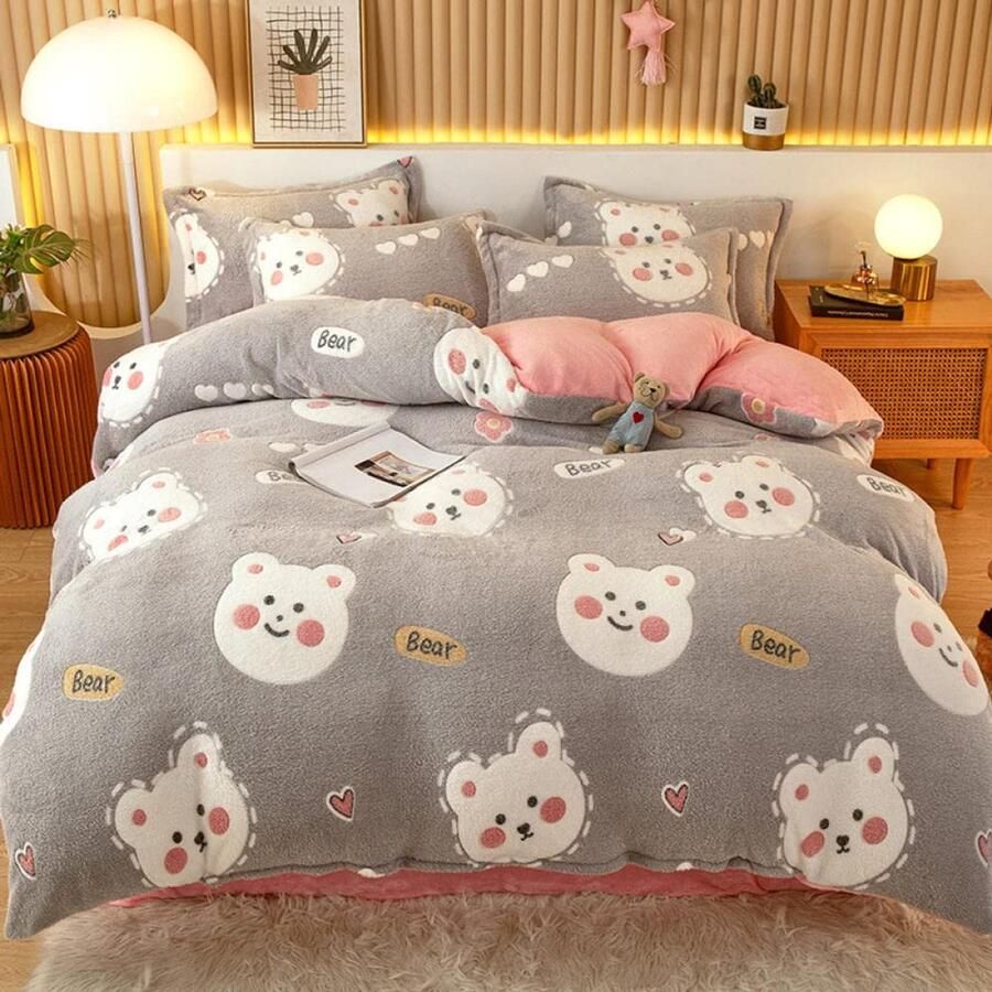 Senza Marchio Bed Sheet Keep Warmfleece Bedding Sheet Quilt Cover Grote Versie Cartoon Sneeuw Fleece 4-Delig Koraal Fleece Winter Plus Dons Dekbedovertrek Laken Dubbelzijdig Flanel-Baby Beer_1.8M Laken: Dekbedovert