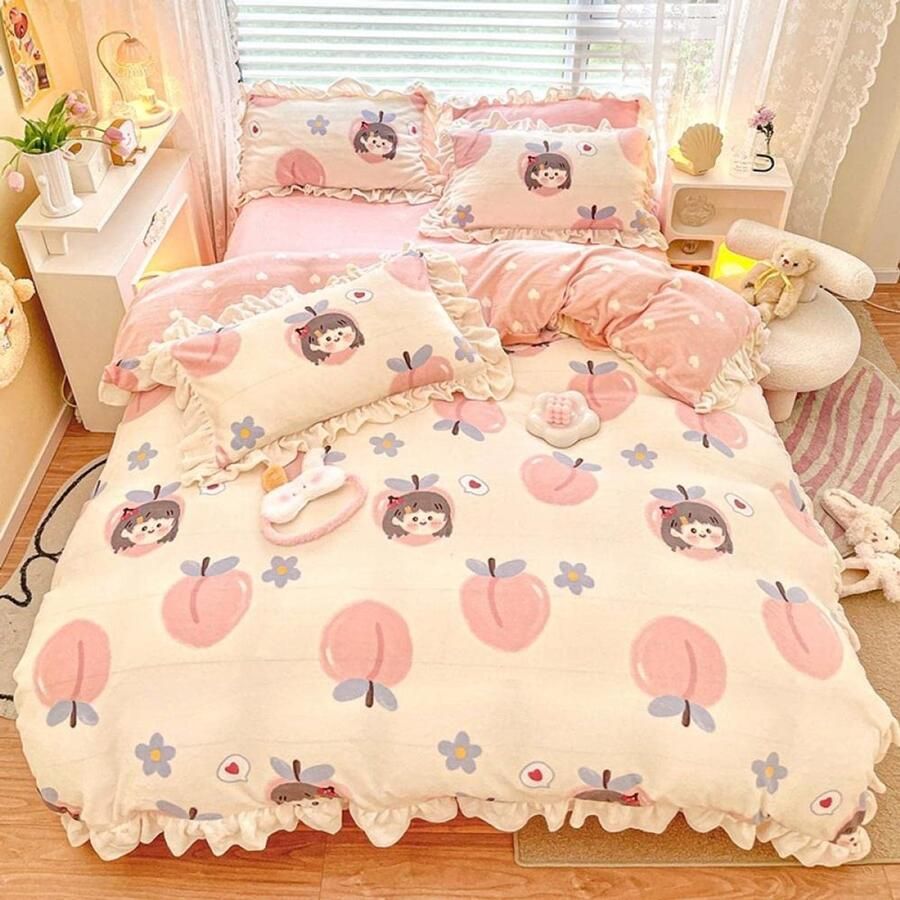 Senza Marchio Bed Sheet Keep Warmfleece Bedding Sheet Quilt Cover Koreaanse Versie Van Melk Fluwelen Kant 4-Delige Set Herfst En Winter Verdikte Baby Fluwelen Laken Dekbedovertrek Winter Warm Dubbelzijdig Fluwelen
