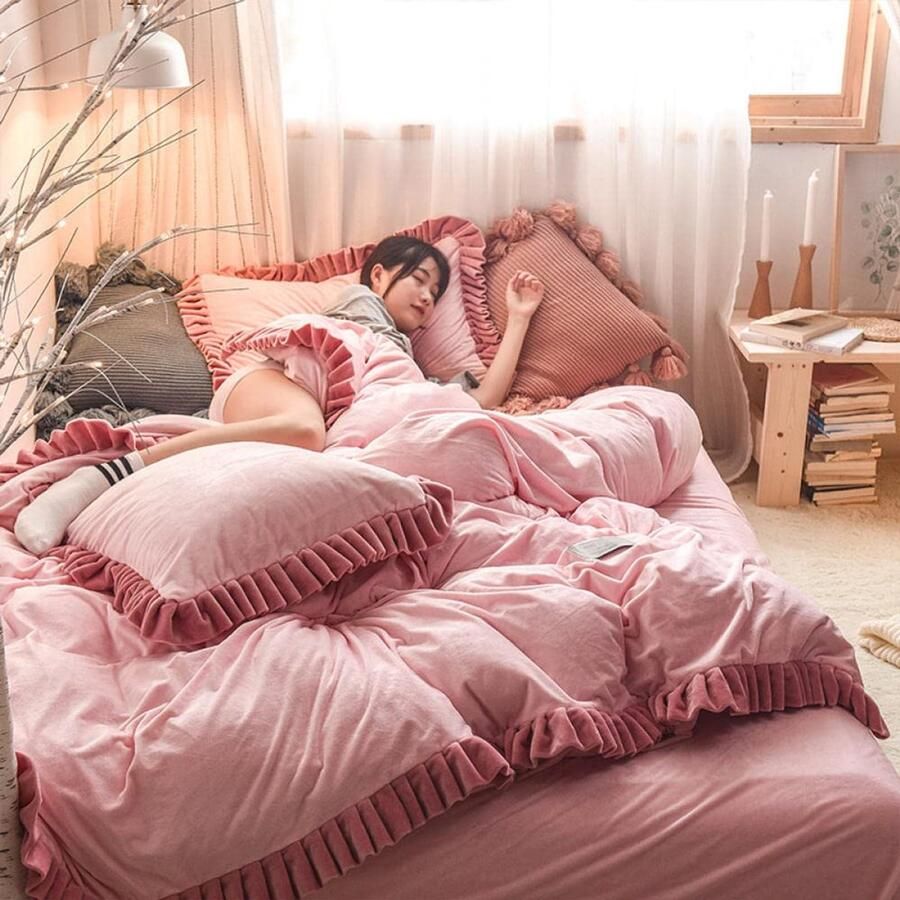 Senza Marchio Bed Sheet Keep Warmfleece Bedding Sheet Quilt Cover Koreaanse Versie Van De Bloemenzijde Effen Kleur Dikke Warme Baby Fluwelen Koraal Fleece 4 Stuks In Winter Quilt Lakens Eenpersoons Beddengoed-Dubbe