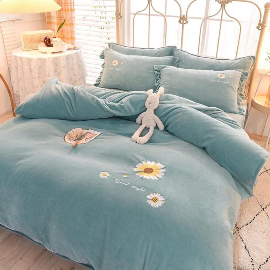 Senza Marchio Bed Sheet Keep Warmfleece Bedding Sheet Quilt Cover Pure Kleur Handdoek Geborduurd Fluwelen Winter Dubbelzijdig Plus Fluwelen 4-Delige Laken Dekbedovertrek Melk Baby Fluwelen Beddengoed-Bla - Foto 2