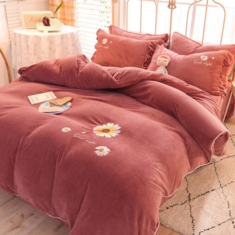 Senza Marchio Bed Sheet Keep Warmfleece Bedding Sheet Quilt Cover Pure Kleur Handdoek Geborduurd Fluwelen Winter Dubbelzijdig Plus Fluwelen 4-Delige Laken Dekbedovertrek Melk Baby Fluwelen Beddengoed-Zan