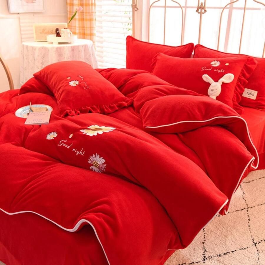 Senza Marchio Bed Sheet Keep Warmfleece Bedding Sheet Quilt Cover Pure Kleur Handdoek Geborduurd Fluwelen Winter Dubbelzijdig Plus Fluwelen 4-Delige Laken Dekbedovertrek Melk Baby Fluwelen Beddengoed-Roo