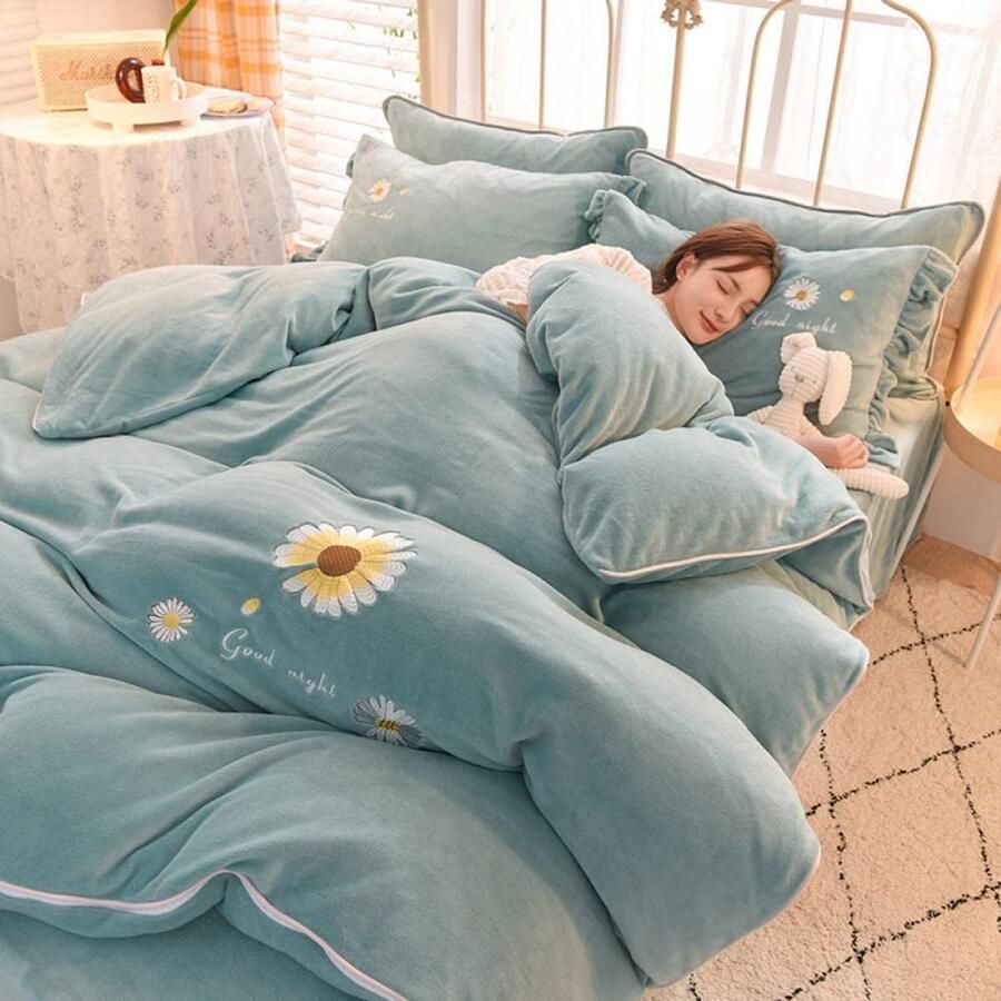 Senza Marchio Bed Sheet Keep Warmfleece Bedding Sheet Quilt Cover Pure Kleur Handdoek Geborduurd Fluwelen Winter Dubbelzijdig Plus Fluwelen 4-Delige Laken Dekbedovertrek Melk Baby Fluwelen Beddengoed-Roz