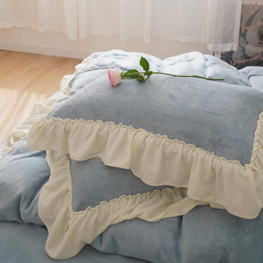 Senza Marchio Bed Sheet Keep Warmfleece Bedding Sheet Quilt Cover Pure Kleur Melk Baby Gegolfd Falaley Bed 4-Delig Dekbedovertrek Laken Winter Plus Fluwelen Ins Kristal Vrouwenslaapzaal-Blauw Wit_Vierdelige Set