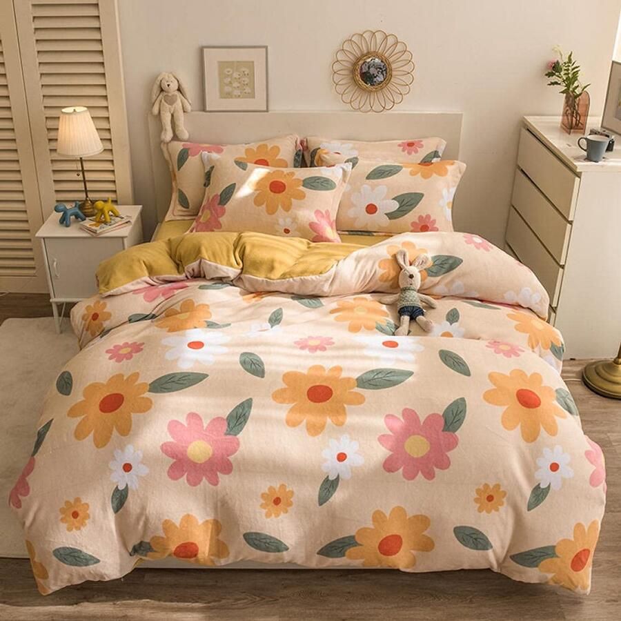 Senza Marchio Bed Sheet Keep Warmfleece Bedding Sheet Quilt Cover Verdikte Dubbelzijdig Melk Fluwelen 4-Delige Winter Cartoon Plus Dekbedovertrek Baby Fluwelen Beddengoed-Zonnebloem_1.8M Laken Stijl [Dekbedovertrek
