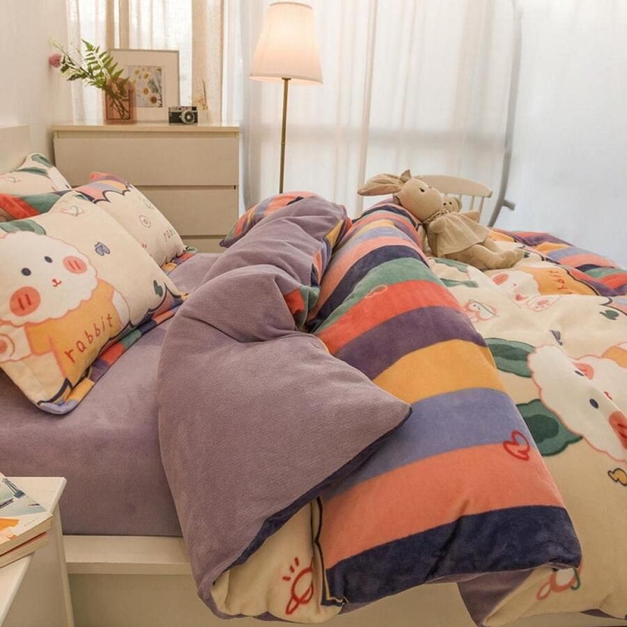 Senza Marchio Bed Sheet Keep Warmfleece Bedding Sheet Quilt Cover Verdikte Dubbelzijdig Melk Fluwelen 4-Delige Winter Cartoon Plus Dekbedovertrek Baby Fluwelen Beddengoed-Ruimtebeer_1.8M Laken Stijl [Dekbedovertrek