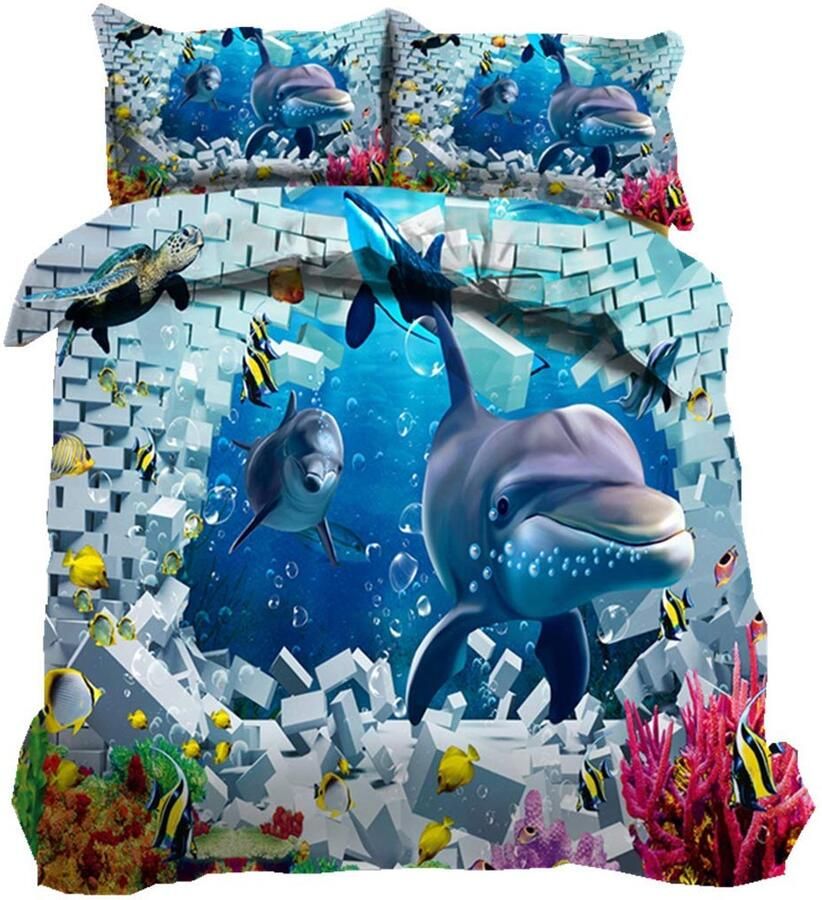Senza Marchio Beddengoed Set Blauw Onderwater Wereld Schildpad Haai Oceaan 3D Dierenprint Stijlvolle Dekbedovertrek Set Kinderen Jongen Meisje Dubbel Bed Dekbedovertrek 200x200cm en Kussensloop 50x75cm (Haai Tweepersoonsbed)