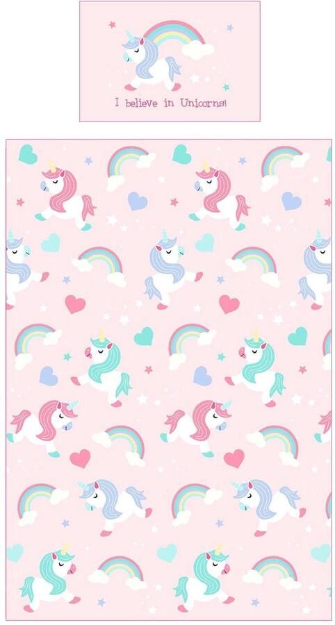 Senza Marchio Beddengoedset I believe in Unicorns kinderdekbedovertrek en kussensloop voor eenpersoonsbedden roze