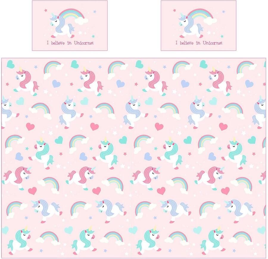 Senza Marchio Beddengoedset met motief I believe in Unicorns (Ich glaube in Einhörner) dekbedovertrek en kussensloop voor tweepersoonsbed roze