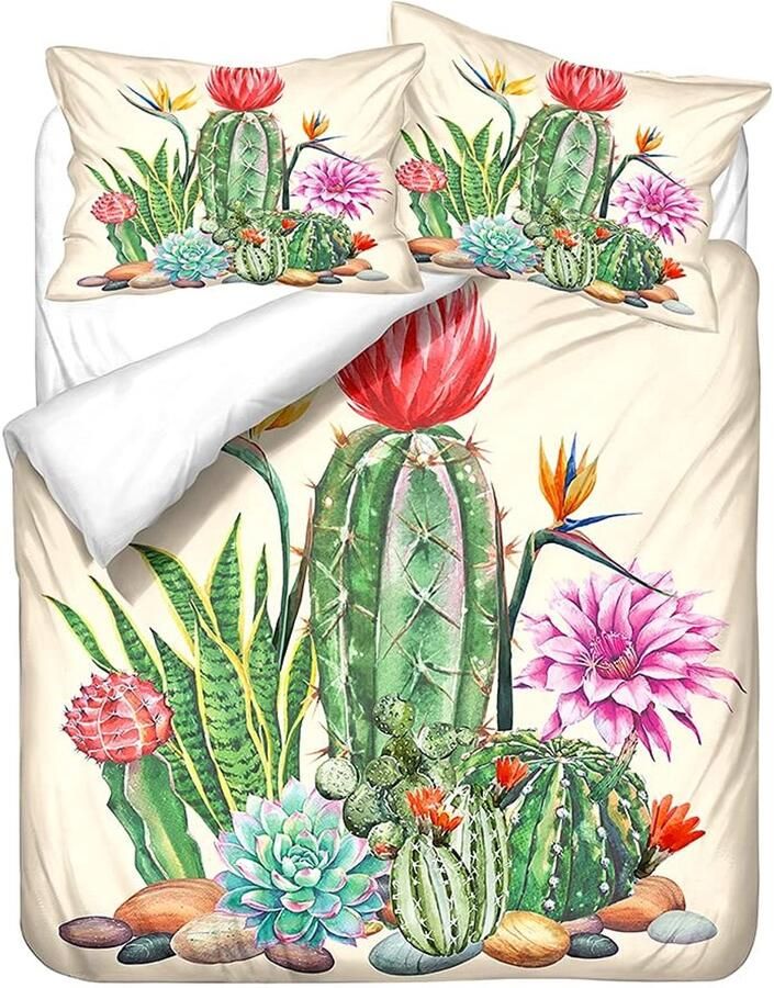 Senza Marchio Bedding Set 3d Cactus Printed Children Boys Duvet Cover With Pillowcases Queen King Size Bedclothes For Teens Green Bed Set 145×200CM