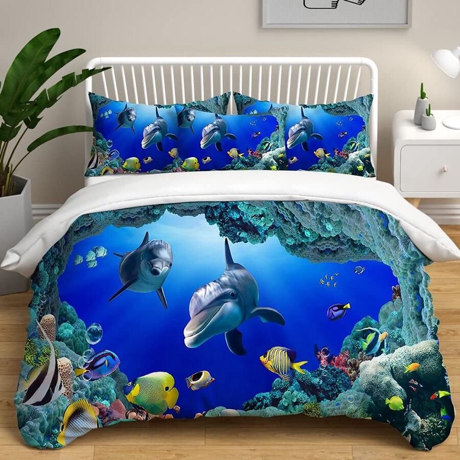Senza Marchio Bedding Set 3d Sea Dolphin Duvet Cover Set With Pillowcase Blue Comforther Cases Quilt Bed Cover Double King Bedspread Bed Linen 145×200CM