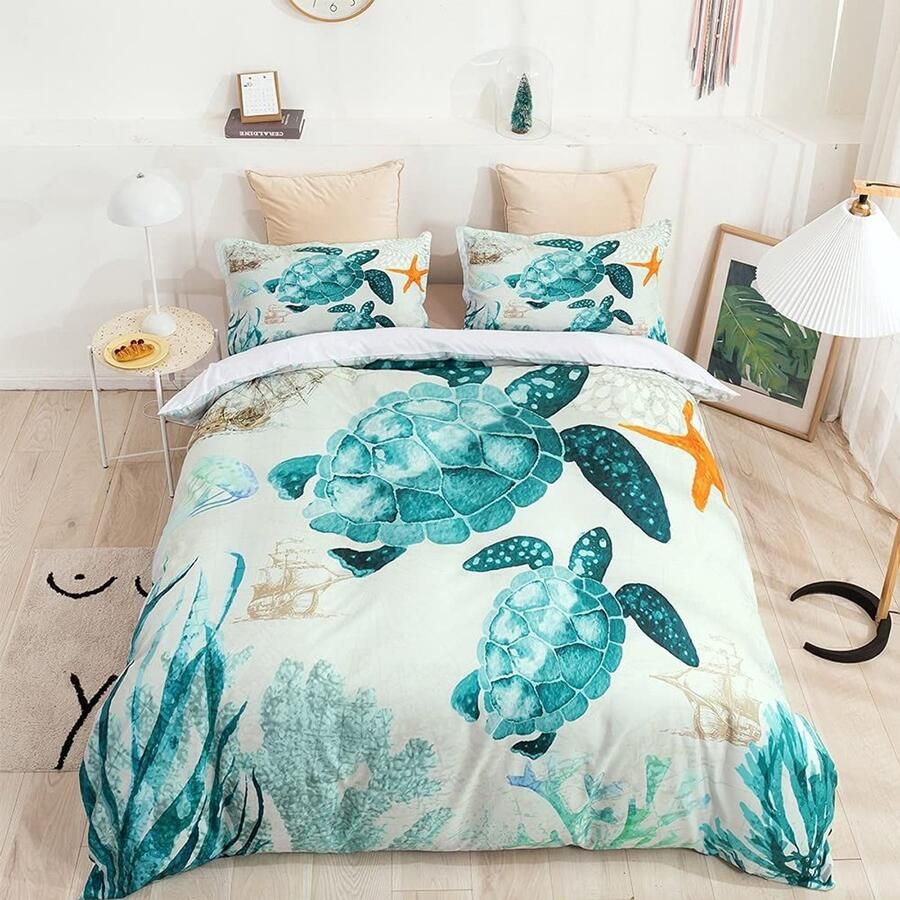 Senza Marchio Bedding Set Sea Turtle Pattern Printed For Kids Gifts Duvet Cover Double King Size 3d Quilt Bed Cover Set Ocean Green Bedclothes 220×240CM