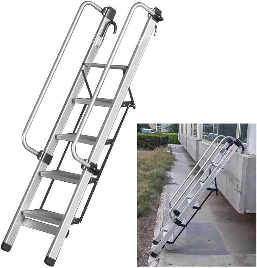 Senza Marchio Bedladder 5-traps rv-ladder voor stapelbed loft slaapzaal 66 inch stapelladders voor buiten binnen draagbare klimladders met handrail zilveren hefbedladder