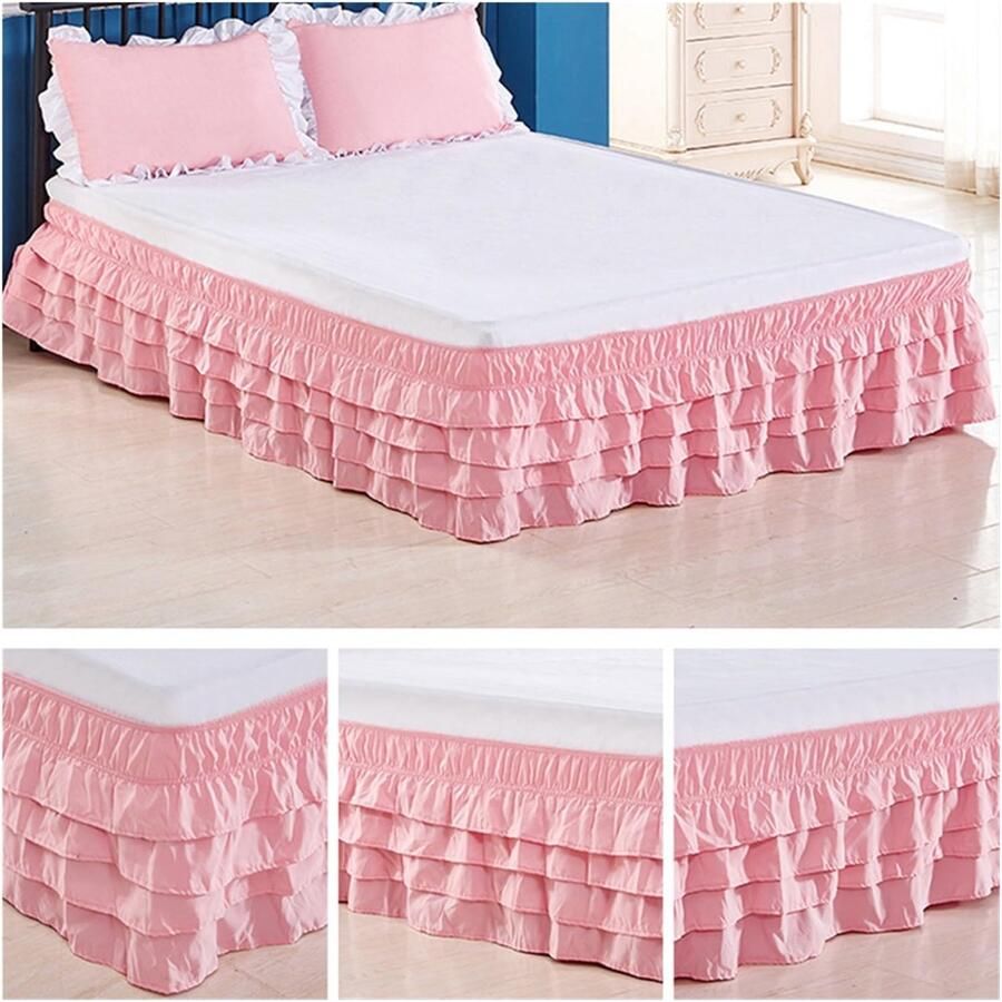 Senza Marchio Bedrok 4 verdiepingen ruche bedrok omringende elastische sprei geen oppervlak familiehotel tweepersoonsbed tweepersoonsbed kingsize bed kingsize bed (roze een paar bijpassende p)