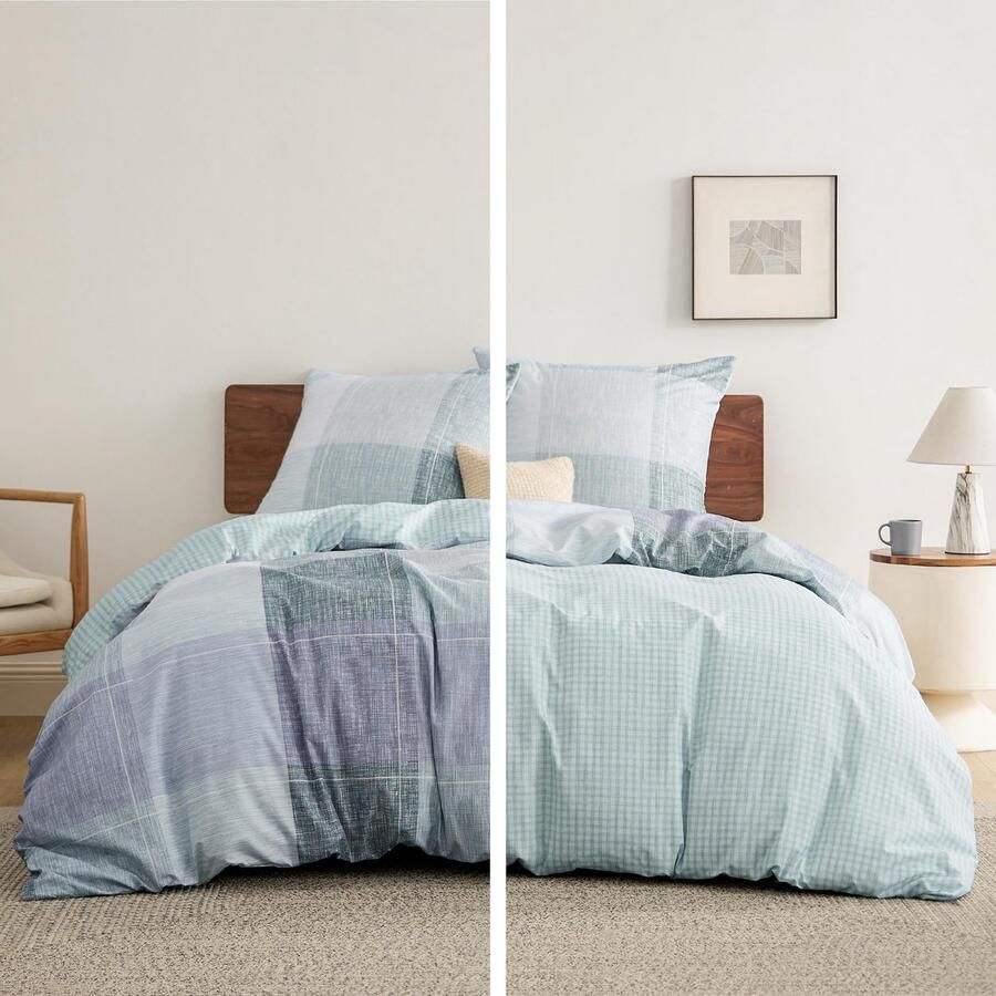 Senza Marchio BEDSURE Beddengoed 220 x 240 cm 3-delig dekbedovertrek beddengoedsets 240 x 220 cm met 2 kussenslopen 80 x 80 cm Oeko-Tex omkeerbaar beddengoed blauw geruit patroon voor tweepersoonsbed met