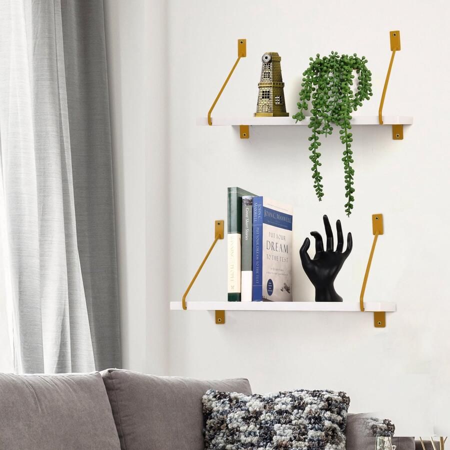 Senza Marchio Belle Vous 2 Pack of White Floating Wooden Wall Shelves 40cm 15.7 Inches Decorative Storage Shelves Modern Wall-Mounted Shelf Set for Home Bathroom Living Room Bedroom Kitchen or Office