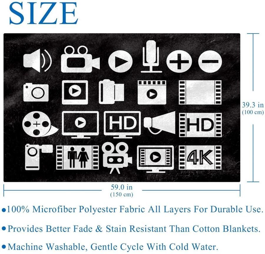 Senza Marchio BestIdeas Zwarte Video Film Multimedia Pictogrammen Patroon Prints Zachte Warme Gezellige Deken Gooi voor Bed Bank Picknick Camping Strand 150 × 100 cm