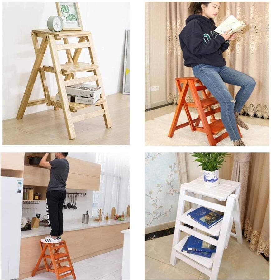 Senza Marchio BHBXZZDB Barkruk Plantenrekken 2-staps ladder voor volwassen en kinderkruk Opvouwbare houten ladder Hout Kleine binnenkrukken Draagbare schoenenrek plantenbak