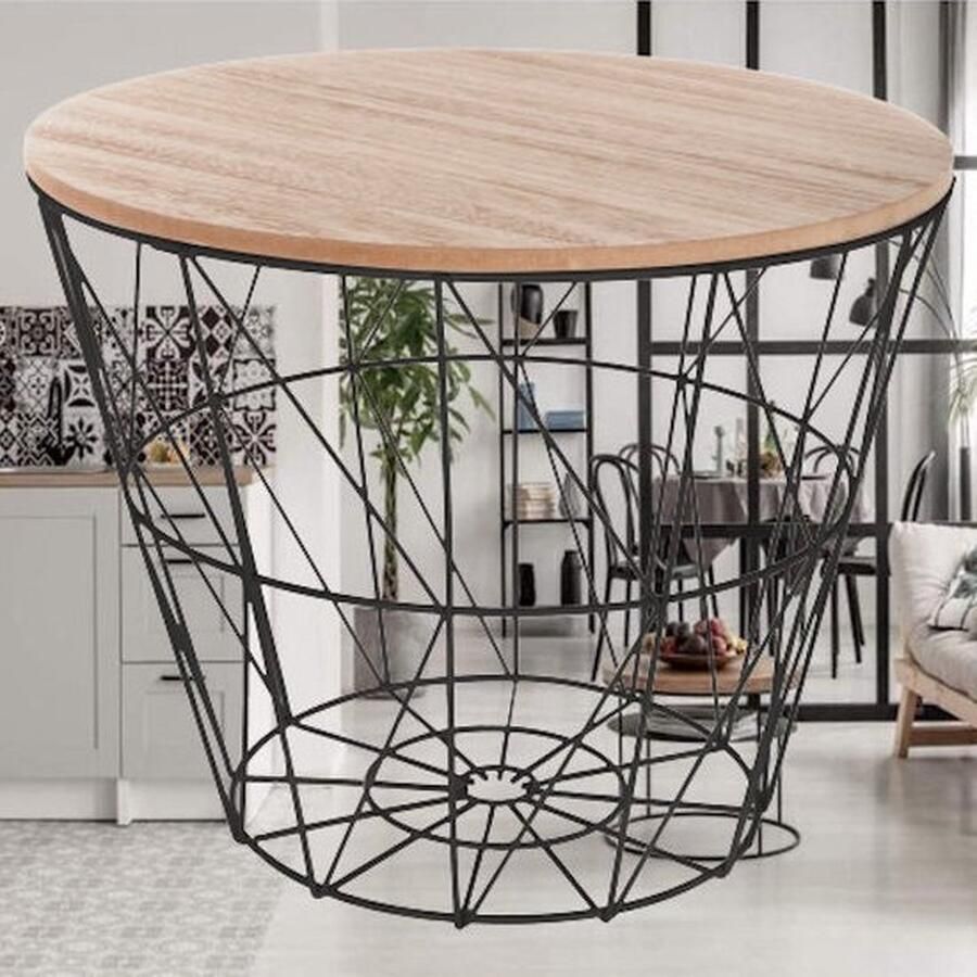 Senza Marchio Bijzettafel Rond Zwarte metalen Draadmand Bijzettafel industrieel Kleine Salontafel Zwart 38 x 38 x 30.5 Cm