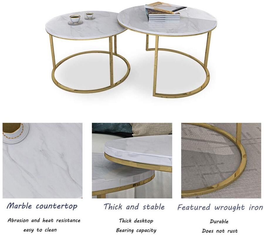 Senza Marchio Bijzettafel Salontafel Set van 2 Nordic Nesting Table Marmeren Tafelblad Banktafel voor Woonkamer Slaapkamer Kantoor Receptie Studio