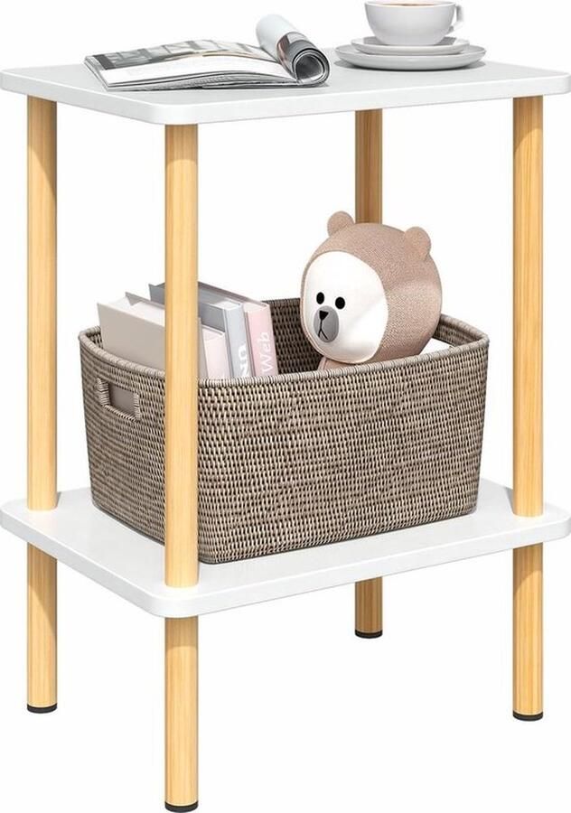 Senza Marchio Bijzettafel van hout 2 niveaus smal 40 x 30 x 52 cm kleine bijzettafel met opbergruimte bijzettafel smal voor woonkamer slaapkamer balkon eenvoudige montage Wit Natuurlijk