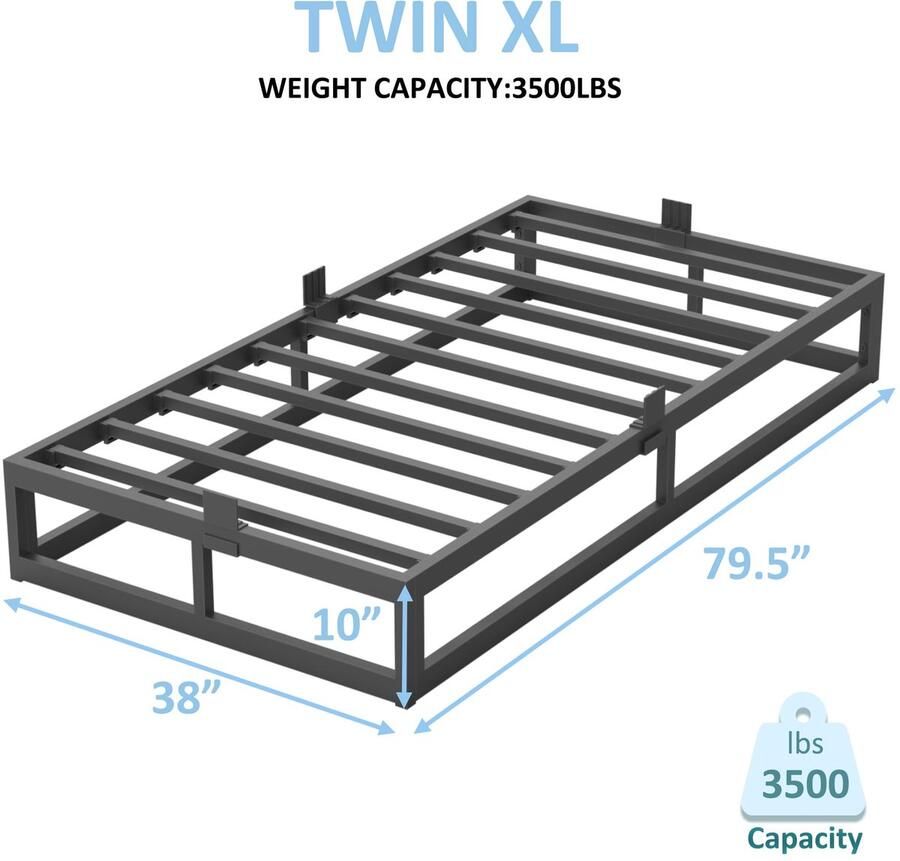 Senza Marchio Bilily 10 Inch Twin XL Bed Frame met Stalen Lat Ondersteuning Laag Profiel King Metalen Platform Bed Frame Ondersteuning Matras Foundation Geen Boxspring Nodig Eenvoudige Montage Geluidsvrij