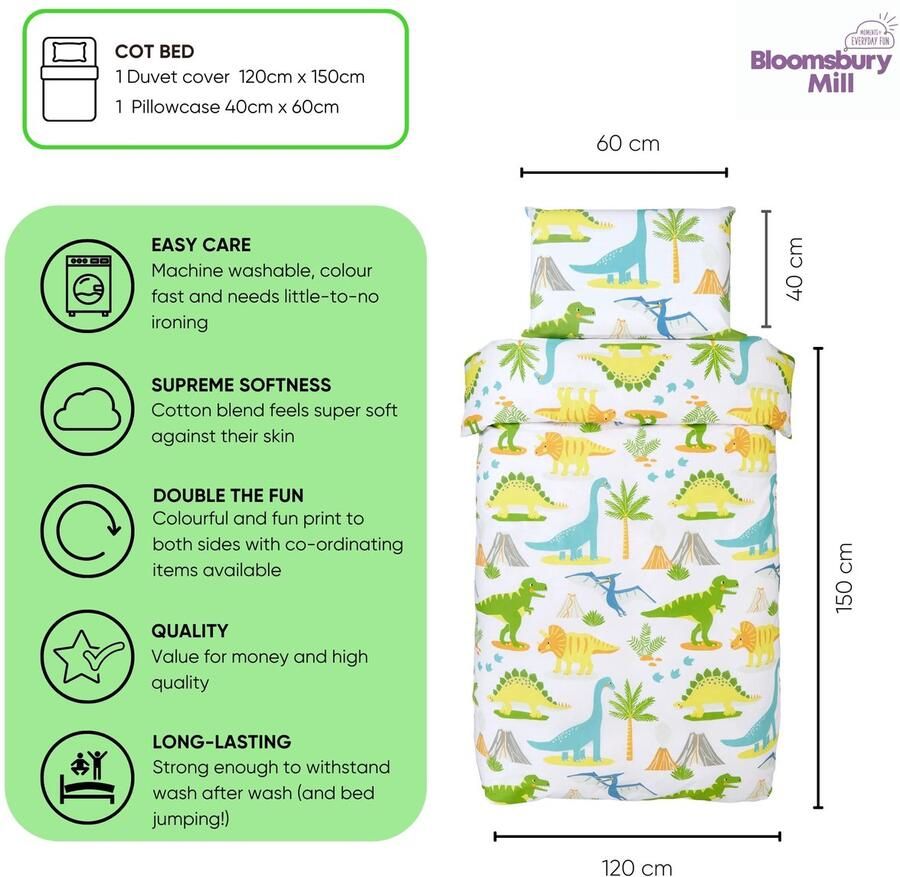 Senza Marchio Bloomsbury Mill Dinosaurus wereld beddengoedset voor kinderen dekbedovertrek 120 cm x 150 cm en kussensloop voor peuters babybedden