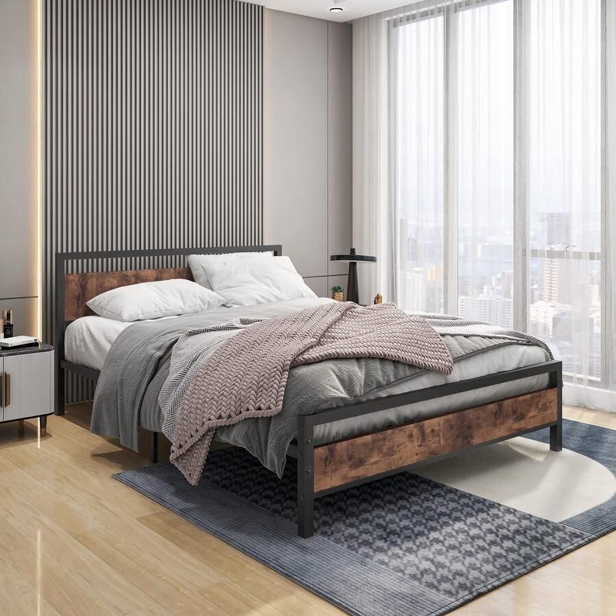 Senza Marchio BOFENG 1 5 m kingsize bedframe met houten hoofdeinde zwaar metalen platform bedframe tweepersoonsbed geen boxspring nodig matrasbasis onderbedopslag sterke stalen latten ondersteuning rustiek bruin