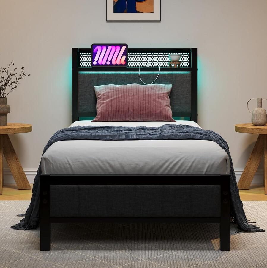 Senza Marchio BORPHOM Eenpersoonsbedframes met opberghoofdeinde en oplaadstation LED-verlichting zwaar metalen bedframe eenpersoons geen boxspring nodig stevige bedsteadbasis sterke stalen latten