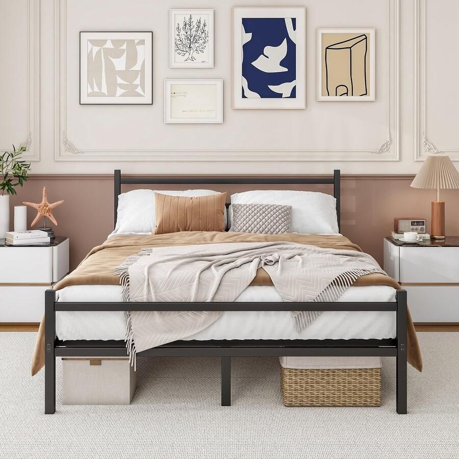 Senza Marchio BORPHOM Kingsize bedframe met hoofdeinde en voetenplank metalen platformbedframe matrasbasis stevige stalen latten ondersteuning opbergruimte voor onderbed eenvoudige montage zwart