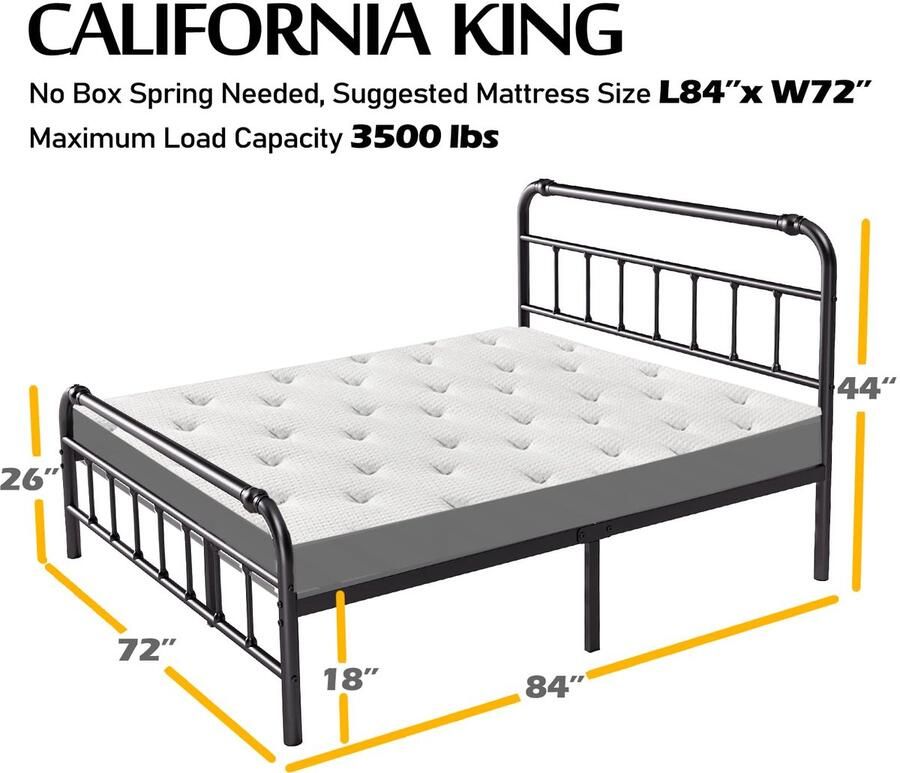 Senza Marchio BOSRII California Kingsize bedframe met hoofdeinde en treeplank 45 cm hoog 3500 lbs zware metalen latten ondersteuning voor matras geen boxspring nodig geluidsvrij zwart
