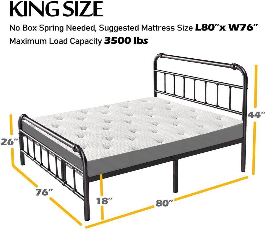 Senza Marchio BOSRII Kingsize bedframe met hoofdeinde en voetenplank 45 cm hoog 1580 kg zware metalen latten ondersteuning voor matras geen boxspring nodig geluidsvrij zwart